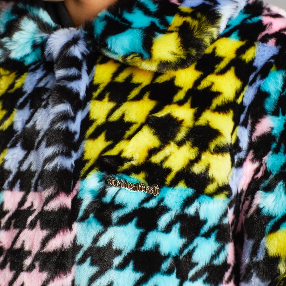 Colorful Houndstooth Faux Fur Coat - Like New